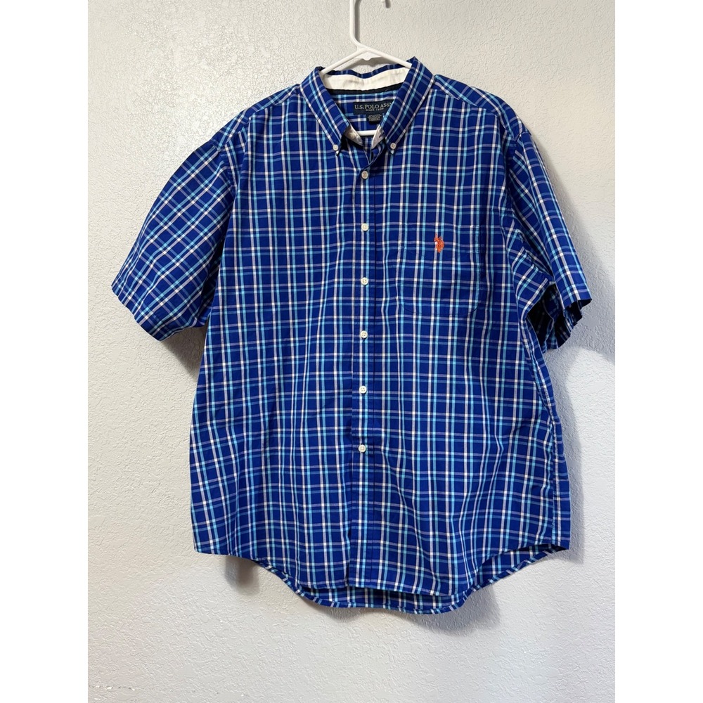 US Polo Assn Mens XXL Blue Plaid Short Sleeve Button Down Shirt 119329P8